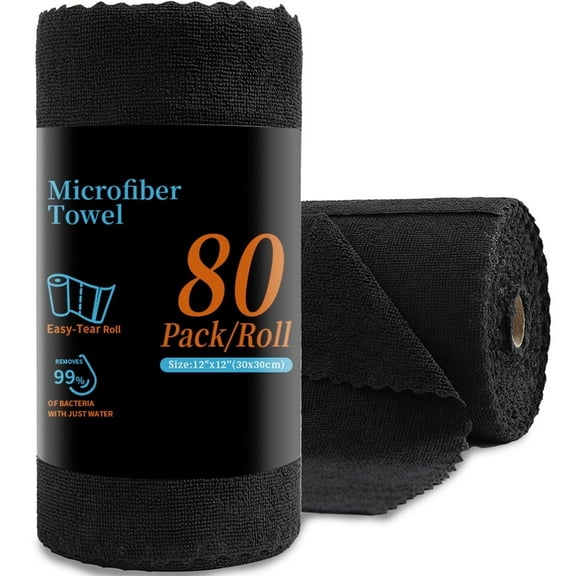 80 Pack Cleaning Cloth Roll Black Reusable Paper Towels 12"×12" Tear Away Cloth, Microfiber Towels for Cars, Wash Cloths, Lint Free Rags for House, Kitchen,Window,Cleaning Supplies
