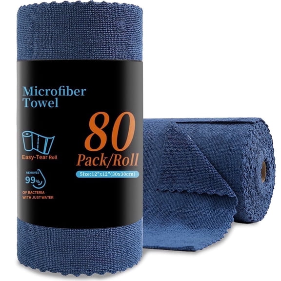80 Pack Cleaning Cloth Roll Reusable Paper Towels 12"×12" Tear Away Cloth, Microfiber Towels for Cars, Wash Cloths, Lint Free Rags for Kitchen,Window,Cleaning Supplies