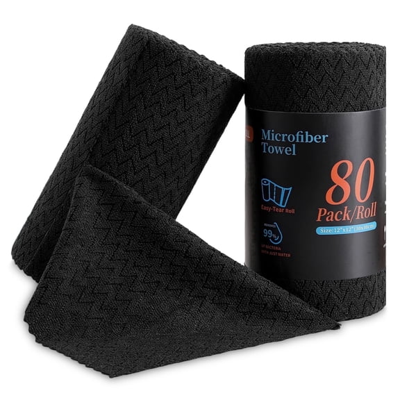 Jessy Home 80 Pack Textured Microfiber Clean Cloth Roll,Tear Away 12"x12" Reusable Paper Towel Lint Free Rags & Durable Dish Cloth, Absorbent Shop Towels for Kitchen,Car,Window