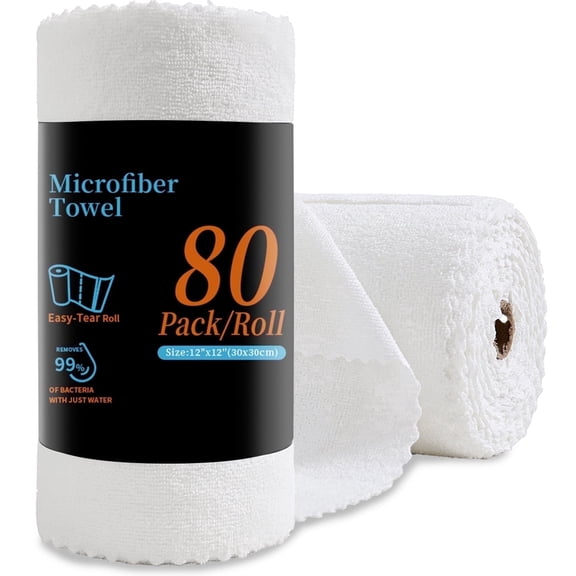 80 Pack Cleaning Cloth Roll White Reusable Paper Towels 12"×12" Tear Away Microfiber KitchenTowels, Durable Wash Cloths, Lint Free Rags for House, Kitchen,Window,Cleaning Supplies