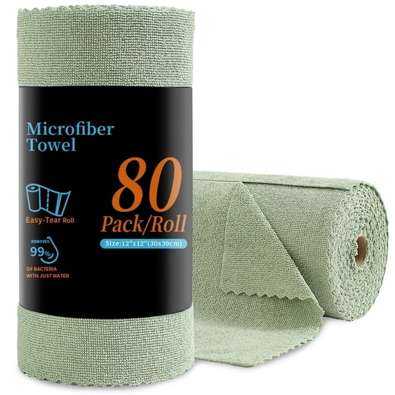 80 Pack Cleaning Cloth Roll Reusable Paper Towels 12"×12" Tear Away Cloth, Microfiber Towels for Cars, Wash Cloths, Lint Free Rags for House, Kitchen,Window,Cleaning Supplies