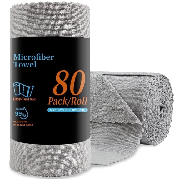 80 Pack Cleaning Cloth Roll Grey Reusable Paper Towels 12"×12" Tear Away Cloth, Microfiber Towels for Cars, Wash Cloths, Lint Free Rags for Kitchen,Window,Cleaning Supplies