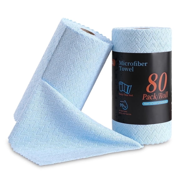 Jessy Home 80 Pack Textured Microfiber Clean Cloth Roll,Tear Away 12"x12" Reusable Paper Towel Lint Free Rags & Durable Dish Cloth, Absorbent Shop Towels for Kitchen,Car,Window