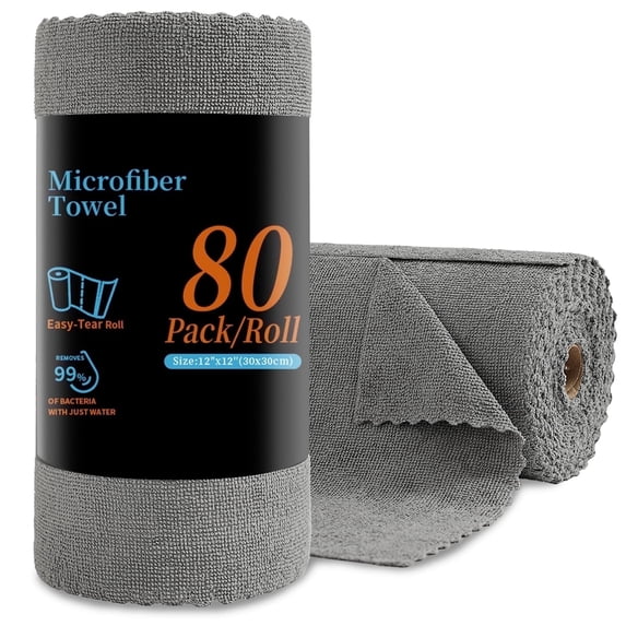 80 Pack Cleaning Cloth Roll Dark Grey Reusable Paper Towels 12"×12" Tear Away Microfiber KitchenTowels, Durable Wash Cloths, Lint Free Rags for Kitchen,Window,Cleaning Supplies