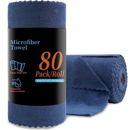 80 Pack Cleaning Cloth Roll Reusable Paper Towels 12"×12" Tear Away Microfiber KitchenTowels, Durable Wash Cloths, Lint Free Rags for Kitchen,Window,Cleaning Supplies