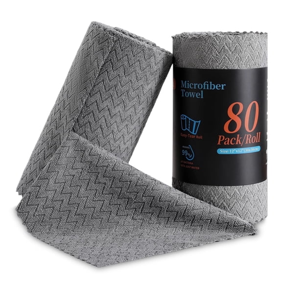 Jessy Home 80 Pack Textured Microfiber Clean Cloth Roll,Tear Away 12"x12" Reusable Paper Towel Lint Free Rags & Durable Dish Cloth, Ultra Absorbent Shop Towels for Kitchen,Car,Window-Dark Grey
