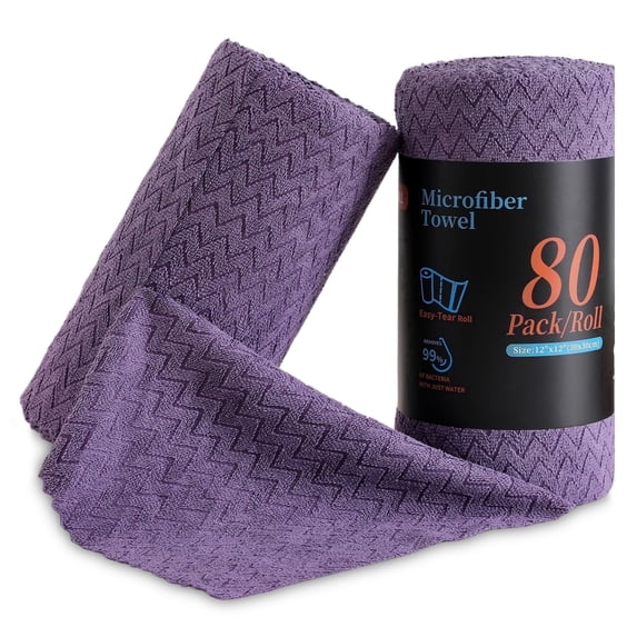 Jessy Home 80 Pack Textured Microfiber Clean Cloth Roll,Tear Away 12"x12" Reusable Paper Towel Lint Free Rags & Durable Dish Cloth, Ultra Absorbent Shop Towels for Kitchen,Car,Window-Dark Purple