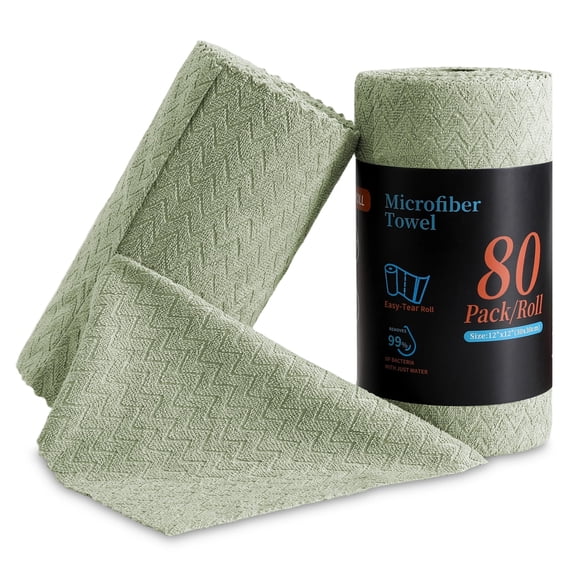 Jessy Home 80 Pack Textured Microfiber Clean Cloth Roll,Tear Away 12"x12" Reusable Paper Towel Lint Free Rags & Durable Dish Cloth, Absorbent Shop Towels for Kitchen,Car,Window