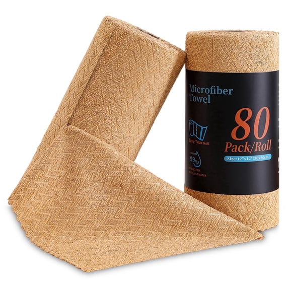Jessy Home 80 Pack Textured Microfiber Clean Cloth Roll,Tear Away 12"x12" Reusable Paper Towel Lint Free Rags & Durable Dish Cloth, Ultra Absorbent Shop Towels for Kitchen,Car,Window-Yellow