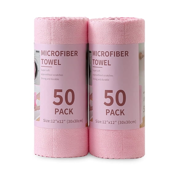Jessy Home 2 Rolls Cleaning Cloth Pink, 100 Sheets Reusable Paper Towels, 12"x12" Lint Free, Absorbent & Scratch Free Microfiber Rags for Car, Kitchen