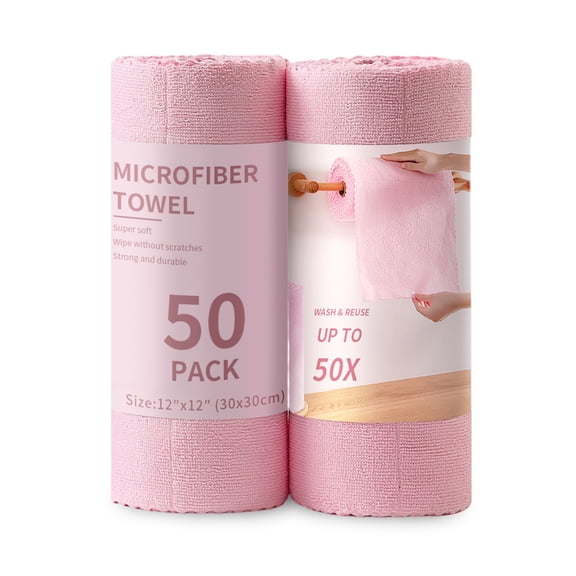 Jessy Home 2 Rolls Cleaning Cloth Pink, 100 Sheets Reusable Paper Towels, 12"x12" Lint Free, Absorbent & Scratch Free Microfiber Rags for Car, Kitchen