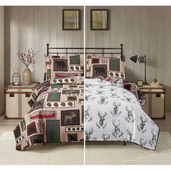 Jessy Home Moose Quilt Queen/Full Green Rustic Lodge Bedspread Microfiber Coverlet Set