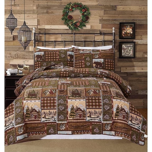 Jessy Home Moose Quilt Queen/Full Rustic Bear Quilt Brown Polyester Bedspread Coverlet Set