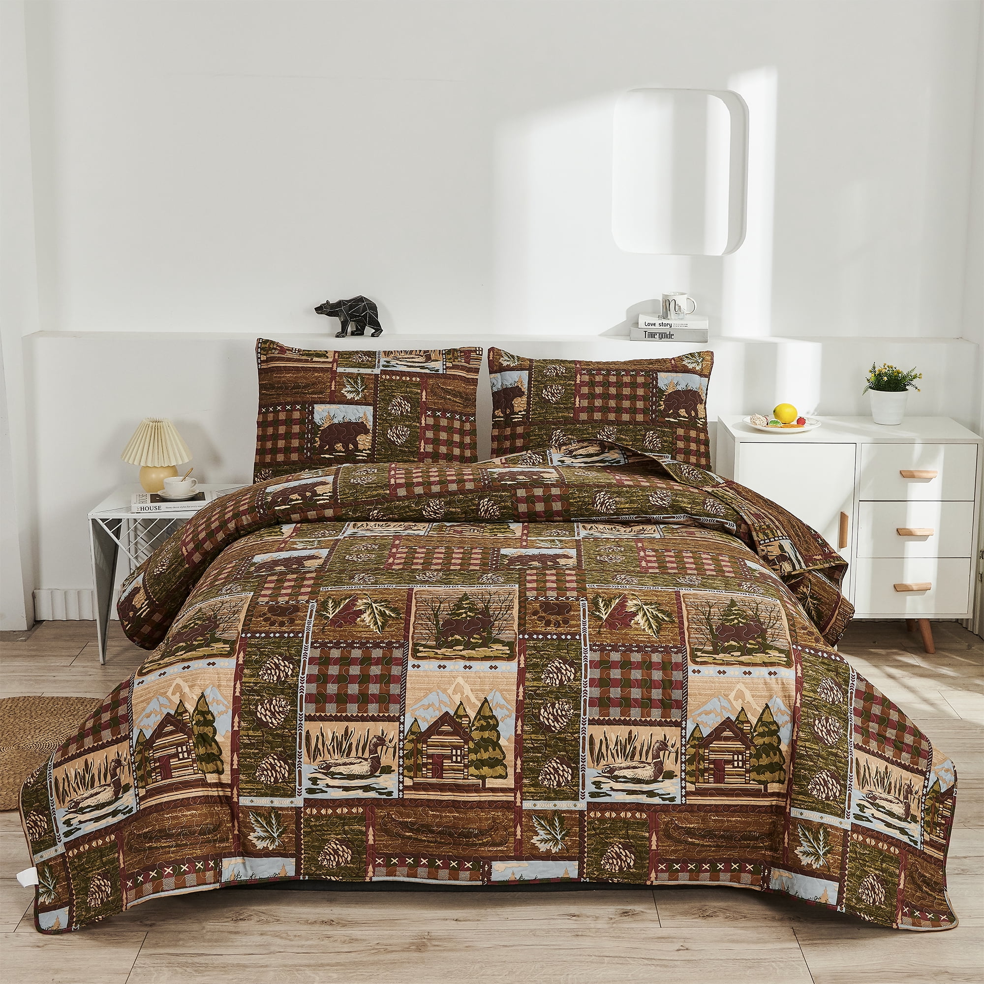 Jessy Home Moose Quilt Queen/Full Rustic Bear Quilt Brown Polyester Bedspread Coverlet Set