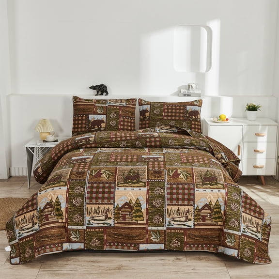 Jessy Home Moose Quilt Queen/Full Rustic Bear Quilt Brown Polyester Bedspread Coverlet Set