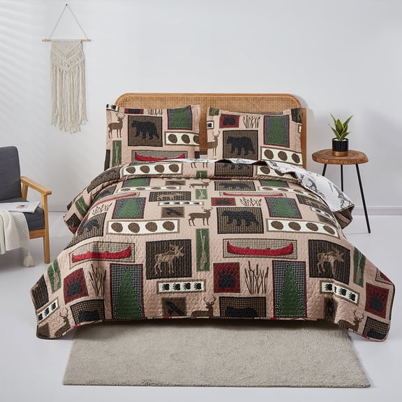 Jessy Home Moose Quilt Twin Green Rustic Lodge Bedspread 3-Piece Microfiber Coverlet Set