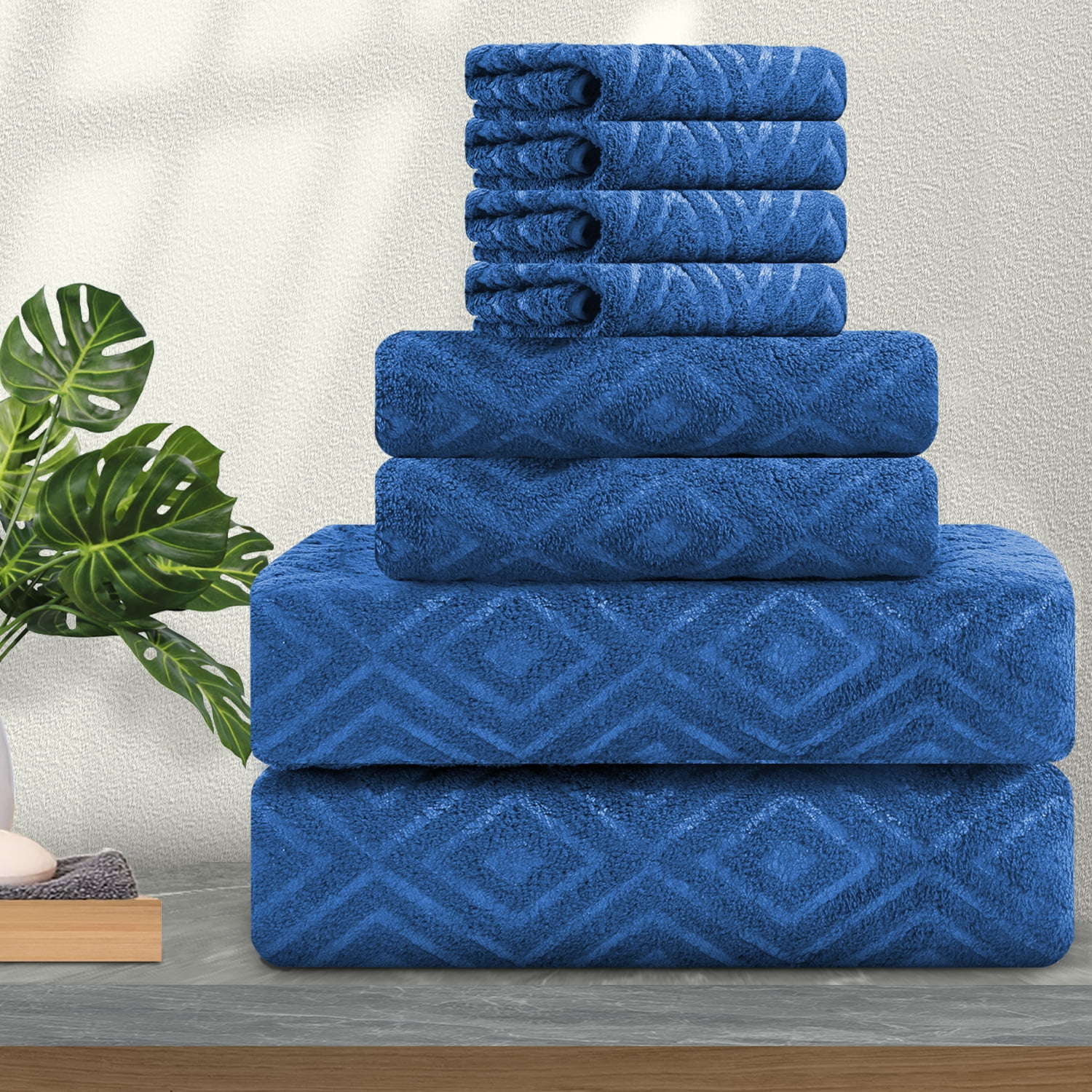 Jessy Home 8Pc Navy Blue Bath Towel Set, 2 Oversized, 2 Hand Towels, 4 Washcloths600 GSM