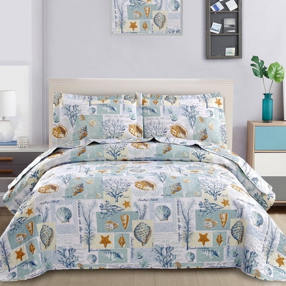 Jessy Home Ocean Beach Quilts Set Twin Size Conch Seashell Starfish Seaweed Bedspreads Coastal Bedding