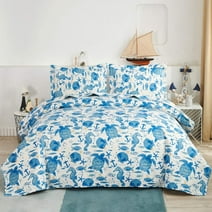 Jessy Home Ocean Quilt Queen/Full Blue Turtle Bedding Microfiber Bedspread Coverlet Set