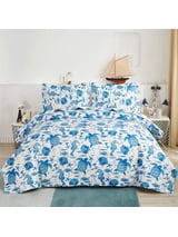Jessy Home Ocean Quilt Queen/Full Blue Turtle Bedding Microfiber Bedspread Coverlet Set