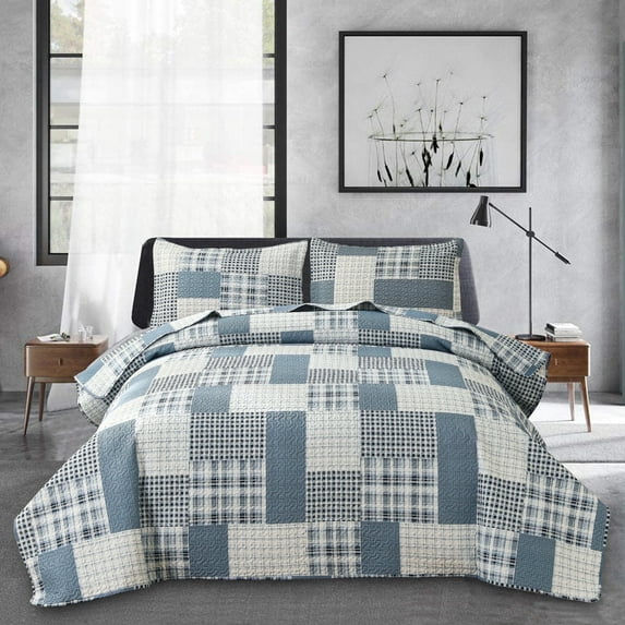 Jessy Home Patchwork Bedspread King Size Gray White Blue Plaid Quilt Microfiber Coverlet