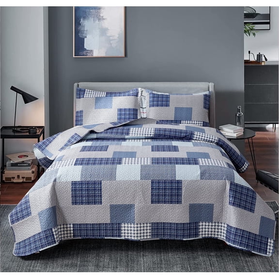 Jessy Home Patchwork Bedspread Set King Size Grey Blue Plaid Quilt Microfiber Coverlet