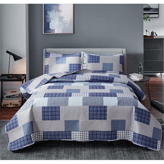 Jessy Home Patchwork Bedspread Set Queen/Full Grey Blue Plaid Quilt Microfiber Coverlet
