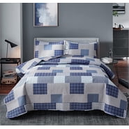 Jessy Home Patchwork Bedspread Set Queen/Full Grey Blue Plaid Quilt Microfiber Coverlet