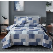 Jessy Home Patchwork Bedspread Set Twin Size Grey Blue Plaid Quilt Microfiber Coverlet