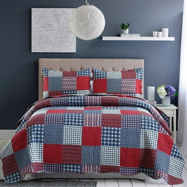 Jessy Home Plaid Patchwork Quilt King Size Red Blue Bedspread Soft Microfiber Coverlet
