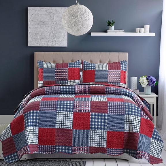 Jessy Home Plaid Patchwork Quilt Queen Size Red Blue Bedspread Soft Microfiber Coverlet
