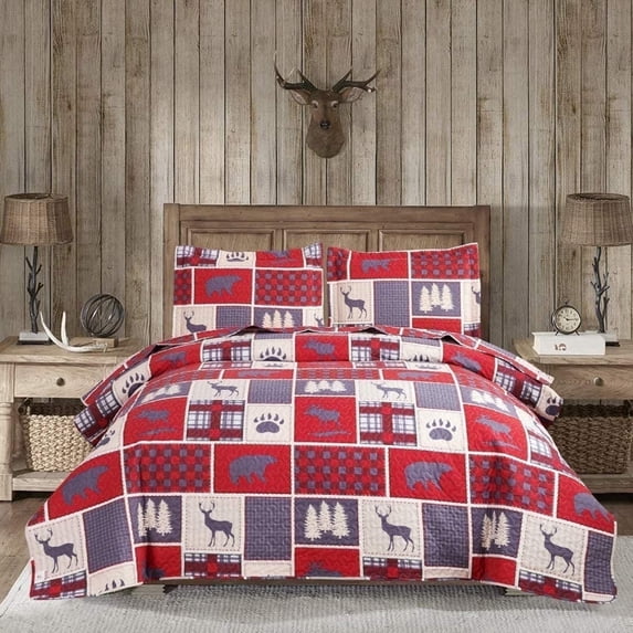 Jessy Home Plaid Quilt Queen/Full Rustic Cabin Bedspread Coverlet Set Polyester Red Bedding
