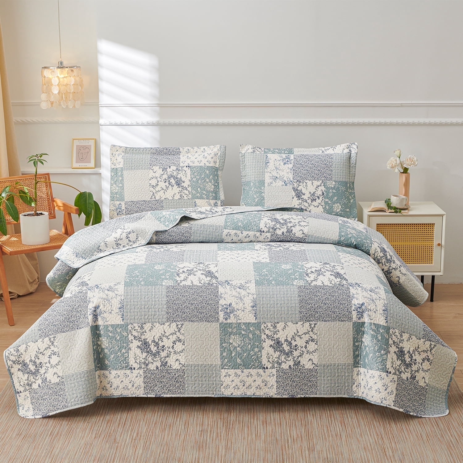 Jessy Home Plaid Quilt Queen Blue Green Floral Patchwork Bedding Microfiber Bedspread Coverlet