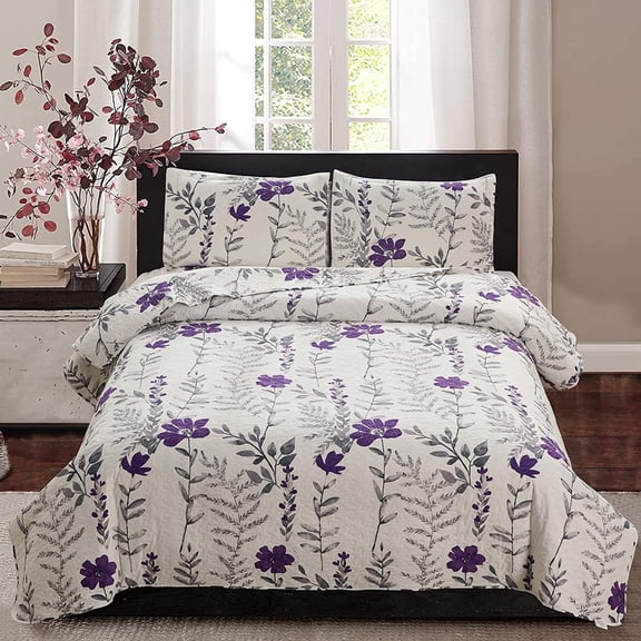 Jessy Home Purple Flower Quilt Twin Floral Bedspread Soft Bedding Coverlet Set
