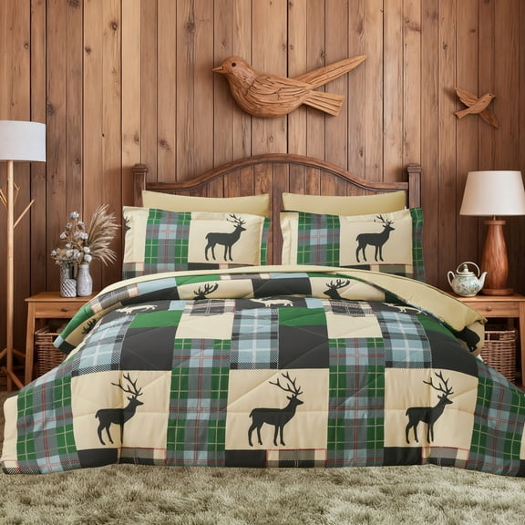 Jessy Home Queen Comforter Set 7 Pieces Dark Green Deer Bedding Set Queen Bed in a Bag with Flat Sheet and Fitted Sheet, Pillowcases & Shams