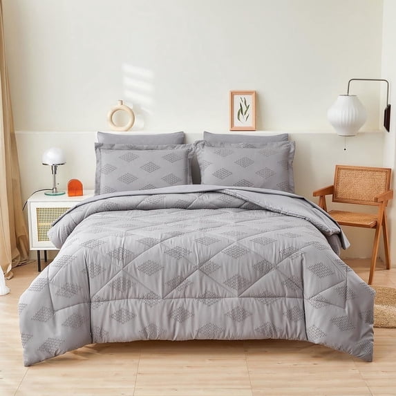 Jessy Home Queen Comforter Set 7 Pieces Gray Patchwork Bedding Set Queen Bed in a Bag with Flat Sheet and Fitted Sheet, Pillowcases & Shams