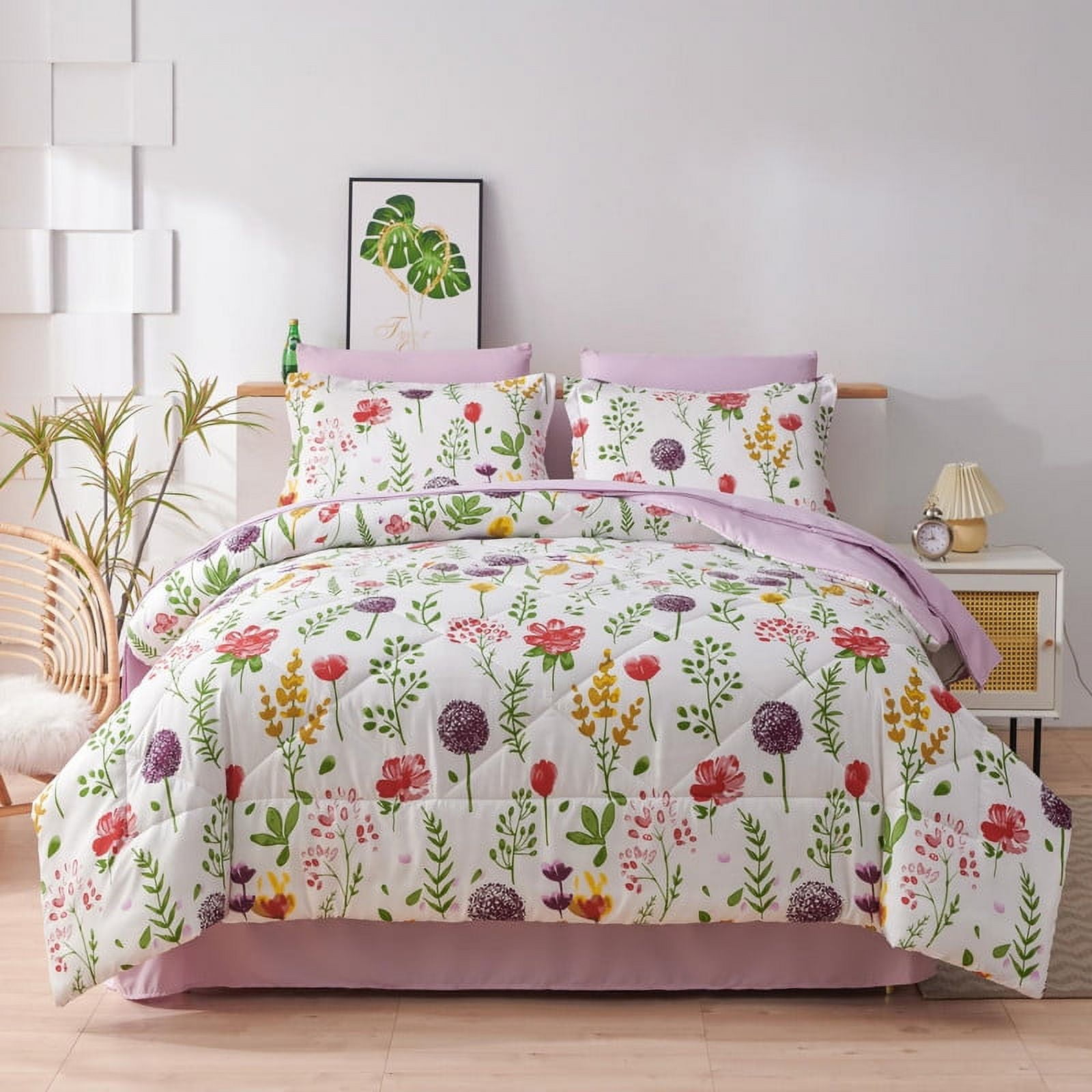 Jessy Home 7Piece Queen Comforter Set, Purple Dandelion Bedding