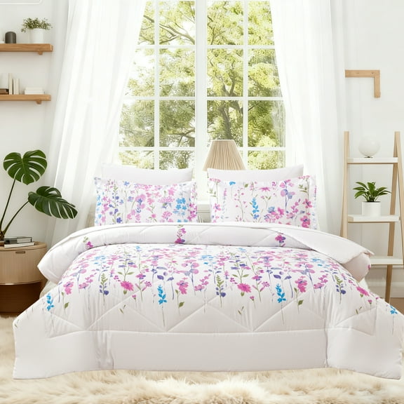 Jessy Home Queen Comforter Set 7 Pieces Purple Floral Bedding Set Queen Bed in a Bag with Flat Sheet and Fitted Sheet, Pillowcases & Shams