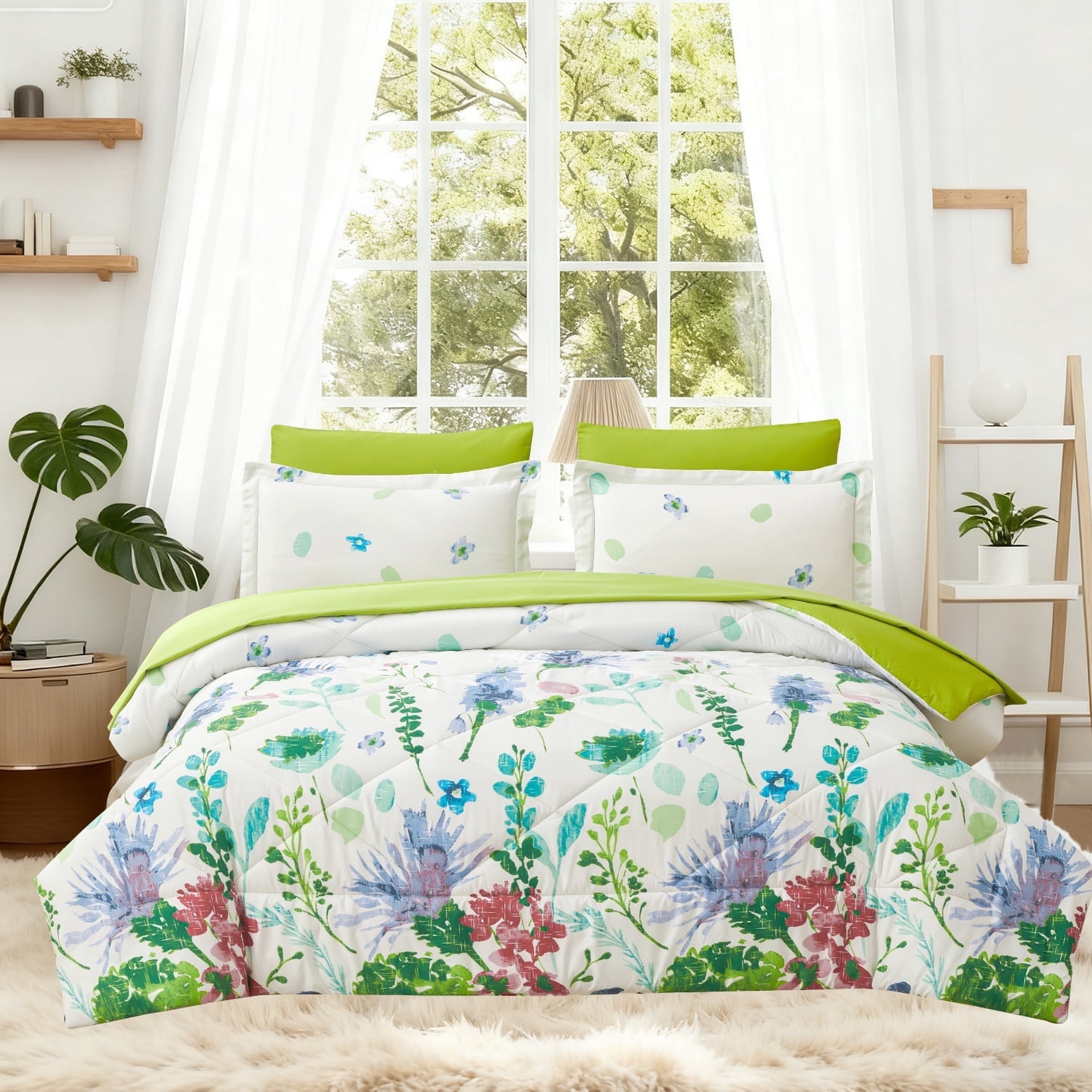 Jessy Home Queen Comforter Set 7 Pieces, Purple Green Floral Reversible ...