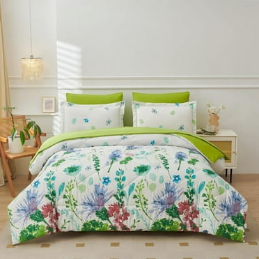 Jessy Home Queen Comforter Set 7 Pieces Purple Green Floral Bedding Set Queen Bed in a Bag with Flat Sheet and Fitted Sheet, Pillowcases & Shams