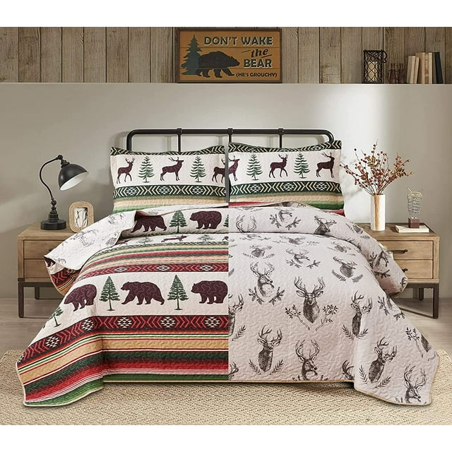 Jessy Home Queen/Full Quilt Lodge Red Green Brown Deer Bear Quilt Cabin ...