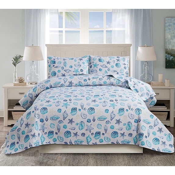 Jessy Home Queen/Full Size Beach Bedding Blue Starfish Shell Conch Bedspread Coverlet Set