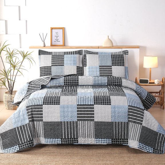 Jessy Home Queen/Full Size Plaid Bedspread Coverlet Plaid Patchwork Quilt Blue White Black Stripes Microfiber Bedding