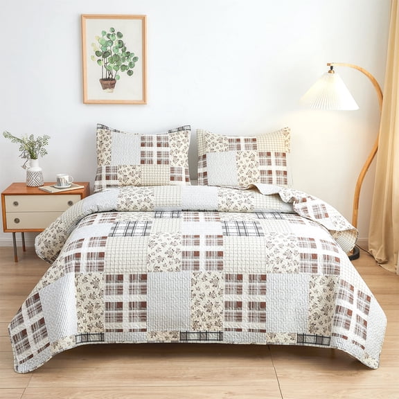 Jessy Home Queen/Full Size Plaid Bedspread Coverlet Plaid Patchwork Quilt White Coffee Floral Microfiber Bedding