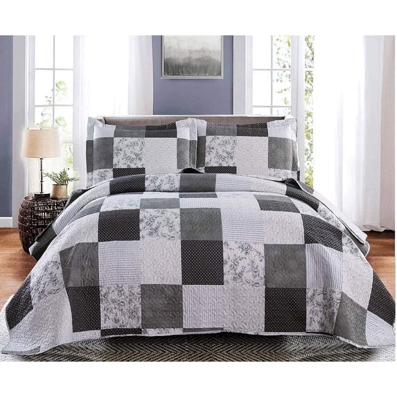 Jessy Home Quilt Set King Size Floral Bedspread Coverlet Black White Grey Plaid Patchwork Quilt Microfiber All Season Bedding