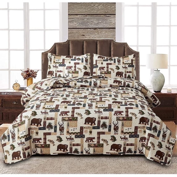 Jessy Home Quilt Set King Size Polyester Reversible Bedding Set 3 Piece Bear Deer Bedspread Coverlet Set