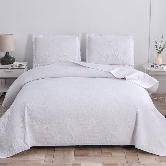 Jessy Home Quilt Set King White Solid Quilt Floral Microfiber Bedspread Coverlet