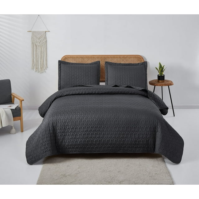Jessy Home Quilt Set Queen/Full Solid Gray Quilt Floral Microfiber Bedspread Coverlet