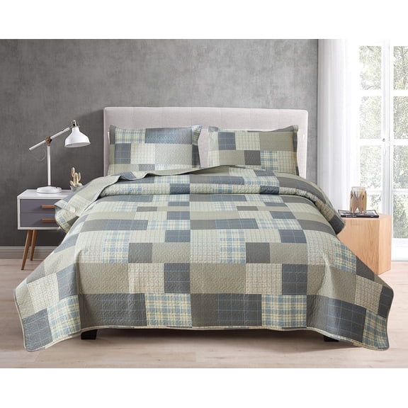 Jessy Home Quilt Set Queen Size Light Yellow Plaid Coverlet Bedding Polyester Bedspreads Reversible Bedding Set