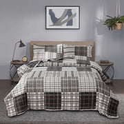 Jessy Home Quilt Set Twin Size Plaid Bedspread Coverlet Black White Grey Plaid Patchwork Quilt Collection Bedding Reversible Home Quilt Bedspread-Soft Polyester Lightweight Quilt with Pillow Shams